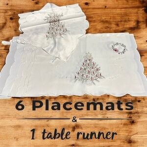 Christmas Holiday Embroidered Set Including Table Runner and 6 Placemats